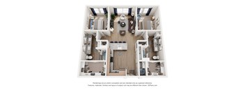 A 3D floor plan of a small apartment with a kitchen, living room, and two bedrooms.