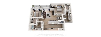 A 3D floor plan of a small apartment with a kitchen, living room, and bedroom.