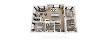 A 3D floor plan of a house with a kitchen, living room, and two bedrooms.