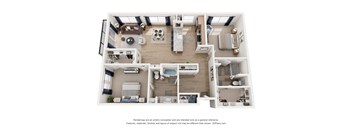 A 3D floor plan of a house with a kitchen, living room, and bathrooms.