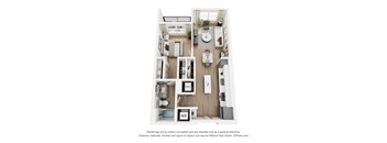 A 3D floor plan of a small apartment with a kitchen, living room, and bathroom.