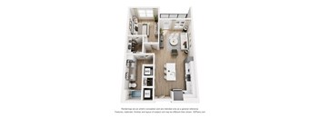 A 3D floor plan of a small apartment with a kitchen, living room, and bathroom.