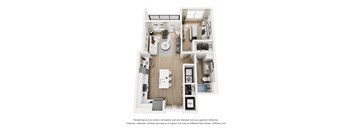 A floor plan of a small apartment with a kitchen, living room, and bathroom.