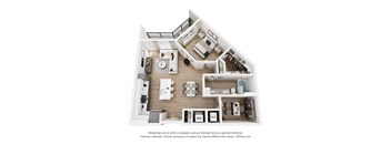 A 3D floor plan of a house with a kitchen, living room, and two bedrooms.