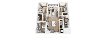 A 3D floor plan of a house with a kitchen, living room, and two bedrooms.