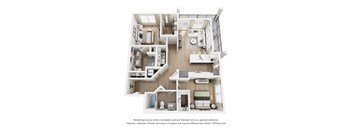 A 3D floor plan of a house with a kitchen, living room, and bathrooms.