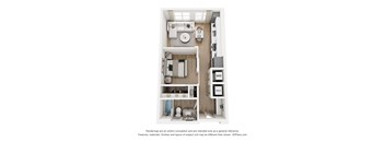 A 3D floor plan of a small apartment with a kitchen, living room, and bathroom.