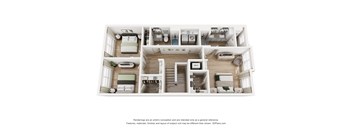 A 3D floor plan of a house with a kitchen, living room, and bedrooms.