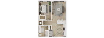 A top down view of a small apartment with a kitchen, living room, and bathroom.