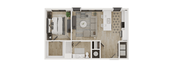 A top-down view of a living room with a couch, a coffee table, and a rug.