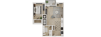 A top-down view of a small apartment with a kitchen, living room, and bathroom.