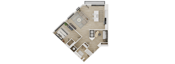 A top-down view of a house layout with a kitchen, living room, and bathroom.