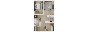 A floor plan of a small apartment with a kitchen, living room, and bathroom.