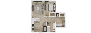 A top down view of a small apartment with a dining table and chairs, a couch, a bed, and a kitchenette.