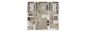 A top-down view of a well-organized kitchen and living room.