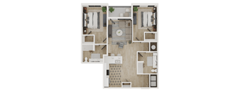 A floor plan of a house with a living room, dining room, kitchen, and two bedrooms.