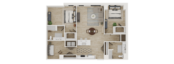 A top-down view of a well-organized apartment with a kitchen, living room, and bedroom.