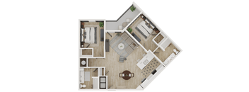 A floor plan of a house with a kitchen, living room, dining room, and bathroom.
