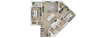 A top-down view of a house layout with a living room, kitchen, dining area, and bathroom.
