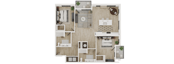 A floor plan of a small apartment with a kitchen, living room, and bedrooms.