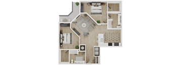 A top-down view of a house interior with a living room, kitchen, and bathroom.