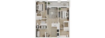 A top down view of a small apartment with a kitchen, living room, and bathroom.