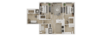 A top-down view of a small apartment with a living room, kitchen, and bedroom.