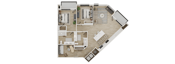 A floor plan of a house with a kitchen, living room, and bathroom.