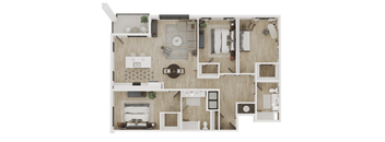 A floor plan of a house with two bedrooms, a living room, a kitchen, and a bathroom.