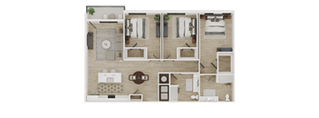 A floor plan of a house with two bedrooms, a living room, a kitchen, and a dining area.