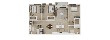 A top-down view of a well-organized apartment with a kitchen, living room, and bedrooms.
