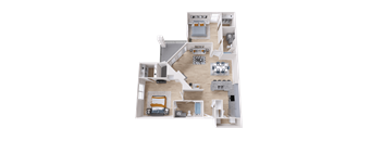 A 3D floor plan of a house with a living room, kitchen, and two bedrooms.