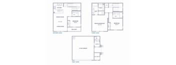 A blueprint shows the layout of a house with three bedrooms, a garage, and a living room.