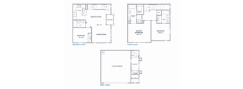 A set of three floor plans for a house with a garage.