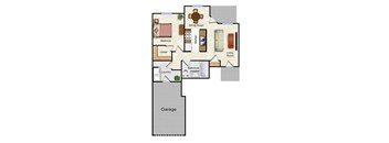 A floor plan of a house with a garage at the bottom.