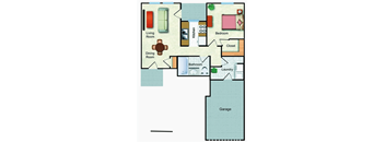 A floor plan of a house with a living room, dining room, kitchen, bedroom, bathroom, closet, laundry, and garage.