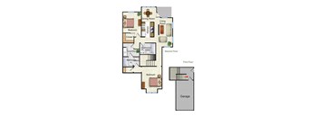A floor plan of a house with a living room, dining room, kitchen, two bedrooms, two bathrooms, a laundry room, and a garage.