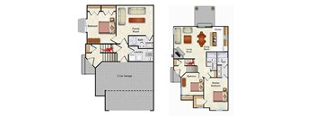 A floor plan of a house with two garages.