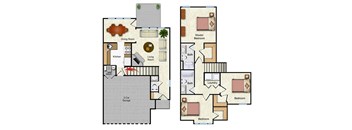 A floor plan of a house with two garages and a laundry room.