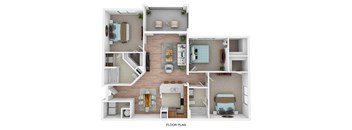 A floor plan of a house with a living room, kitchen, dining room, and bedrooms.