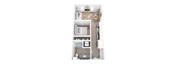 A white and wood floor plan of a small apartment with a bedroom, living room, and kitchen.