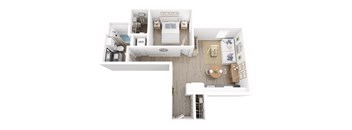A top down view of a small apartment with a kitchen, living room, and bedroom.