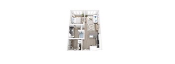 A top-down view of a small apartment with a kitchen, living room, and bathroom.