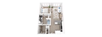 A top-down view of a small, neatly organized apartment with a bedroom, living room, and bathroom.