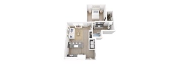 A top-down view of a small apartment with a kitchen, living room, and bedroom.