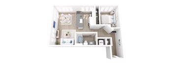 A top-down view of a well-organized, modern apartment with a living room, kitchen, and bathroom.