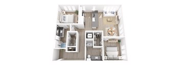 A top-down view of a small apartment with a kitchen, living room, and bedroom.