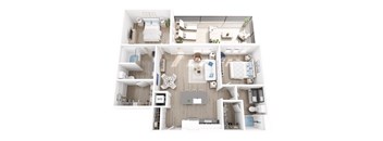 A top-down view of a small apartment with a kitchen, living room, and bedroom.