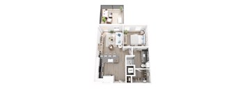 A floor plan of a small apartment with a kitchen, living room, and bathroom.