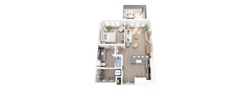 A top-down view of a small apartment with a kitchen, living room, and bathroom.